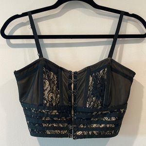 Black and nude lace soft corset top, adjustable straps and hook and eye closures